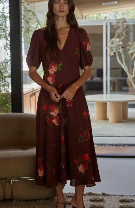 Floral Print Puff Sleeve Dress-Wine|8388