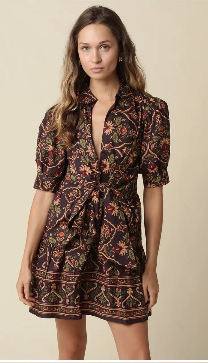 Vienna Printed Tie Waist Mini Dress-Brown|8389