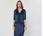 Lace V-Neck Satin Blouse - Navy|8411