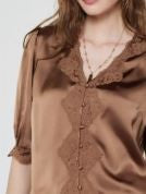 Lace Satin V-Neck Blouse-Mocha|8412