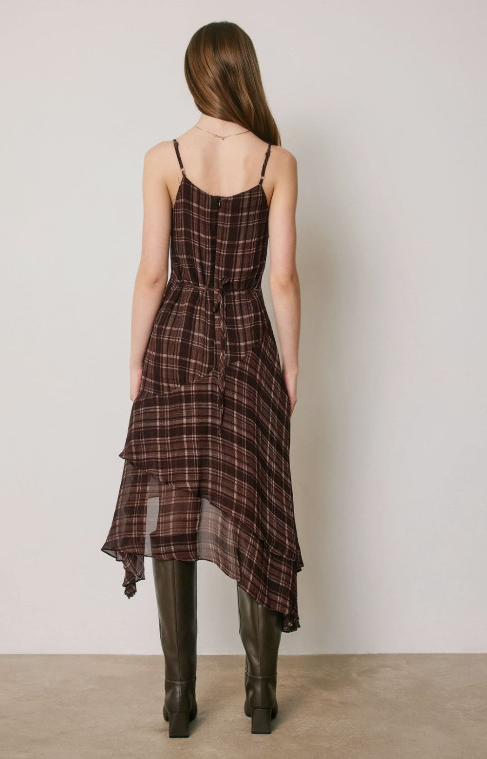 Plaid Asymmetrical Ruffle Tiered Midi Dress|8416