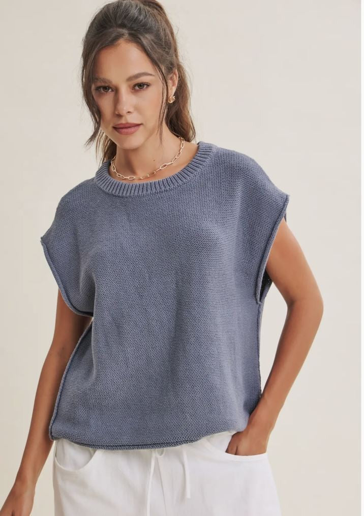 Everyday Relaxed Cotton Sweater Vest-Denim Blue|8417