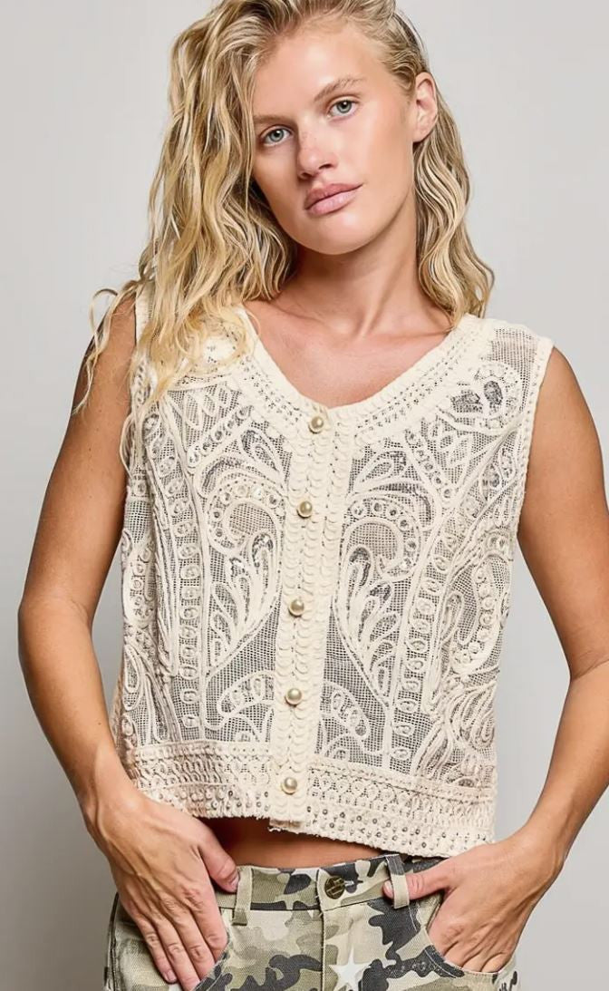 Pearl Stud Embroidery Sequins Crochet top|8433