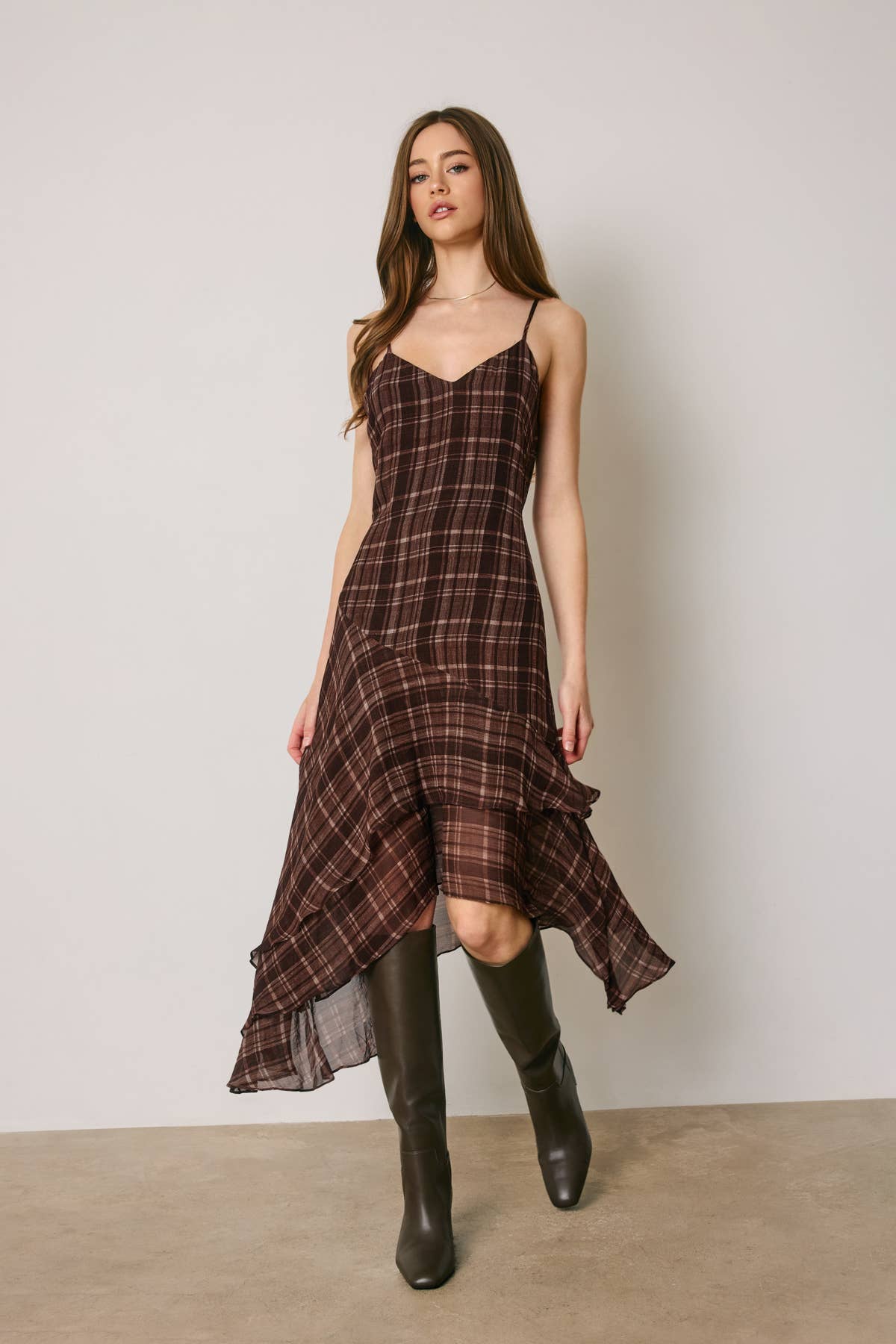 Plaid Asymmetrical Ruffle Tiered Midi Dress